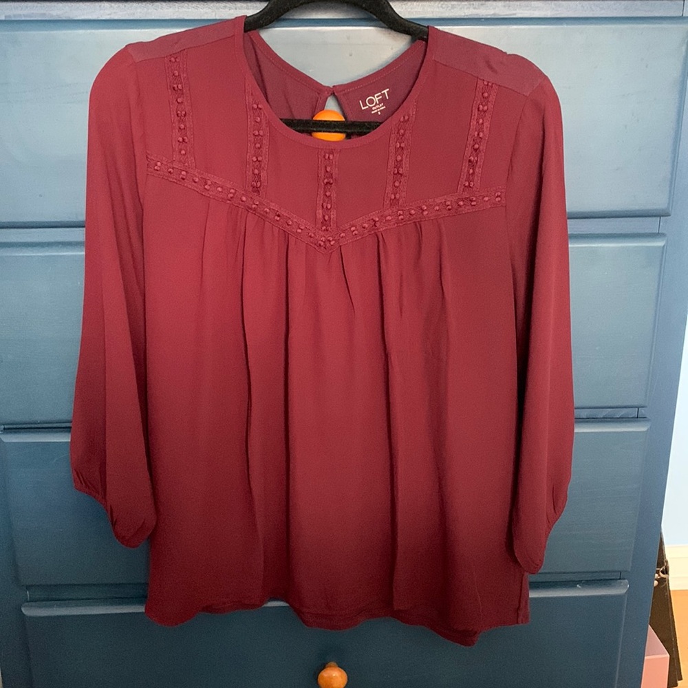 Loft Maroon Embroidered Flowy Babydoll Blouse